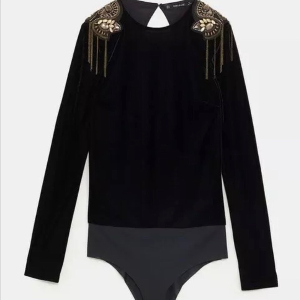 ZARA Black Velvet Bodysuit M/L with Beaded Shoulders
